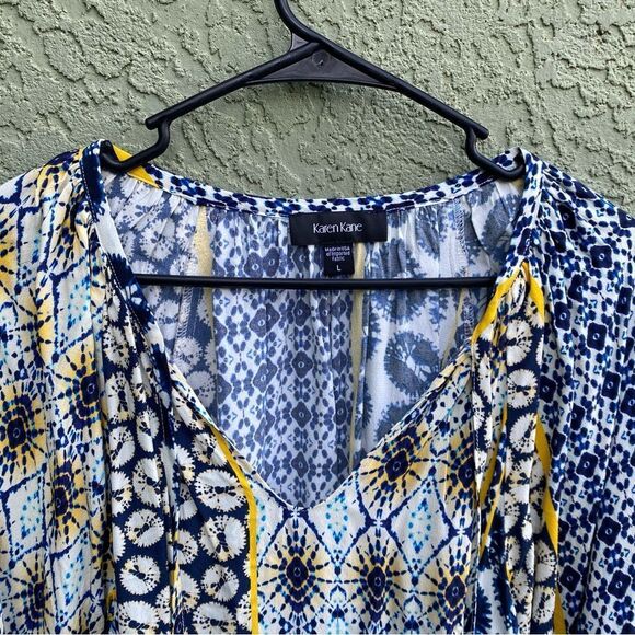 NWT KAREN KANE Blue/Yellow/White Riviera Boho Peasant 100% Cotton Top Large - Picture 3 of 13